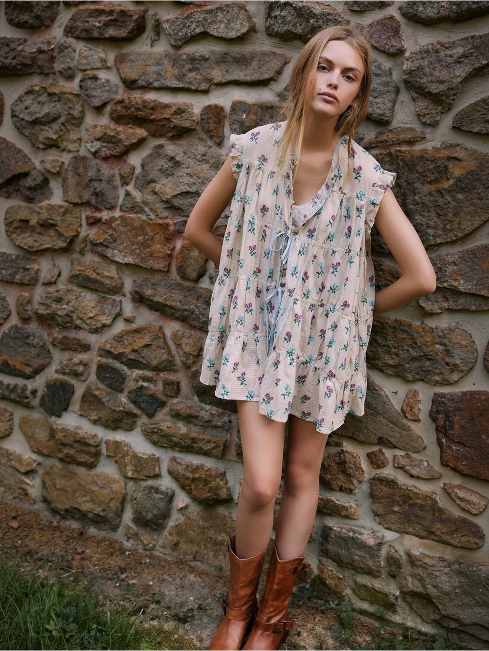 Free People Tiered Mini Dress Floral Ruffle Tie Front Tunic Boho Festival Flowy
